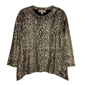 MICHAEL KORS Gold Foil Snakeskin Print Sharkbite Hem Long Sleeve Top Size Small